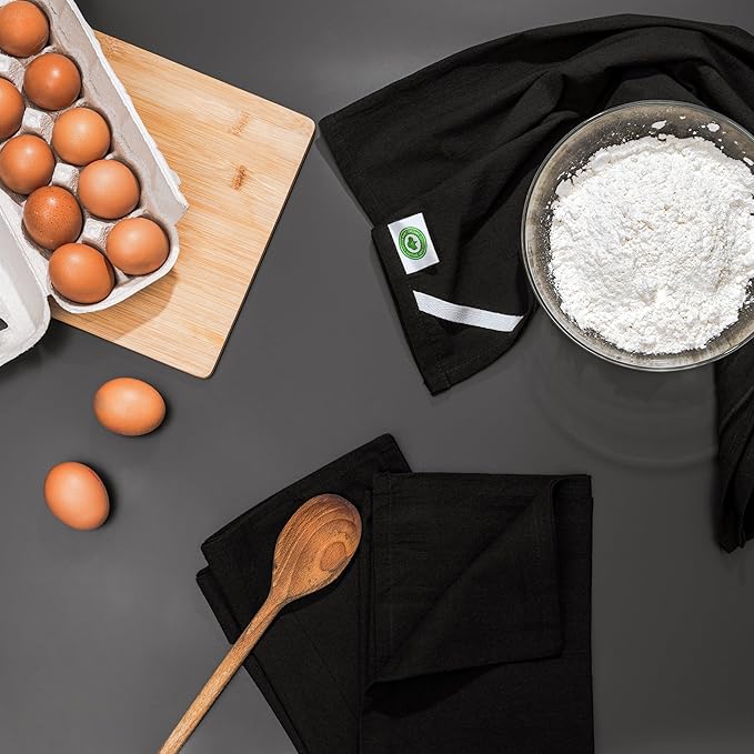 Organic Cotton Black Tea Towels - 100% Cotton, 10-Pack, Reusable and Washable Flour Sack Towels for Kitchen - Extra Large 27"x27", Durable Dish Towels with Hanging Loop (Black)