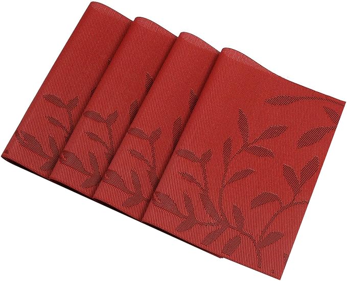 SHACOS Woven Vinyl Placemats Set of 8 Red Leaf Pattern Wipeable Place Mats for Dining Table Heat Resistant PVC Table Mats Indoor Outdoor (8, Leaf Red)