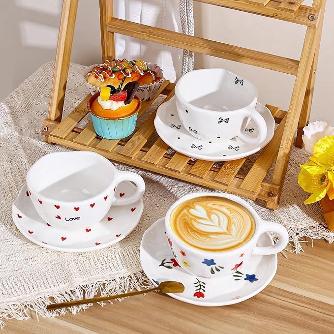 Koythin Ceramic Coffee Mug with Saucers, Handmade Flowers Mugs, Cute Cup for Girl Women, Aesthetic Tea Milk Cup with Handle, 8.5 oz/250 ml for Latte, Cocoa, Office, Home (Black Small Bow)