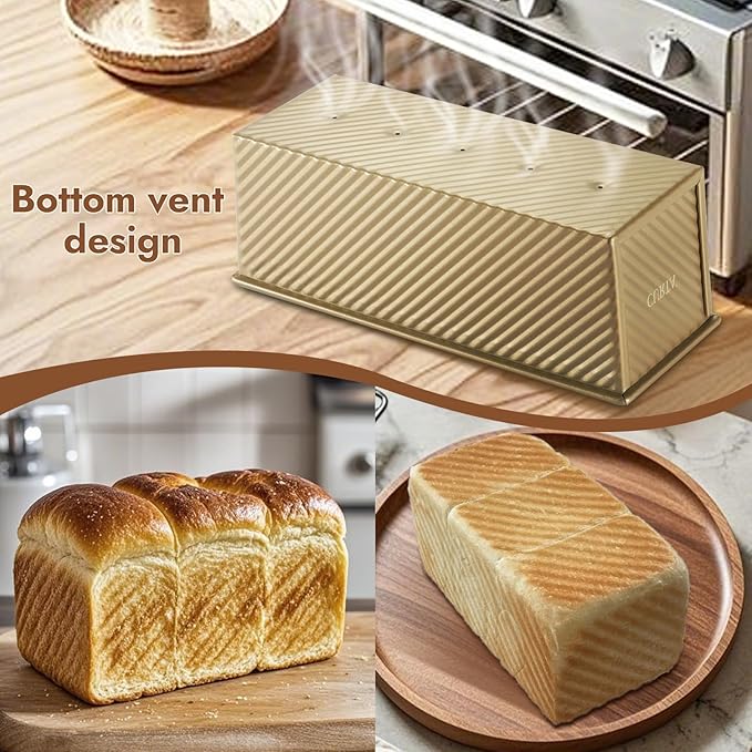 CURTA Commercial Pullman Loaf Pan with Lid 2.2 lb Dough Capacity Non-Stick Bakeware for Baking Bread Corrugated Bread Toast Mold extra large loaf pan Champagne Gold 1pcs