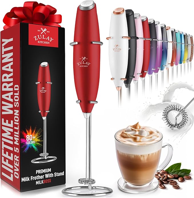 Zulay Kitchen Powerful Milk Frother Wand - Ultra Fast Handheld Drink Mixer - Electric Whisk Foam Maker for Coffee, Lattes, Cappuccino, Frappe, Matcha & Coffee Creamer - Milk Boss Cardinal Red