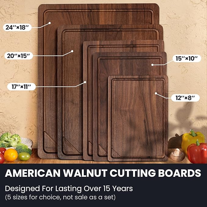 Walnut Wood Cutting Board for Kitchen with Deep Juice Groove & Side Handles, 20”L x 15”W x 1”H, Handcrafted North American Black Walnut Wood Grain, Large Chopping Board, Reversible Butcher Block