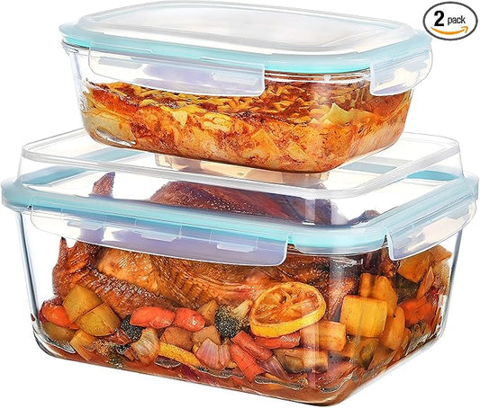 Vtopmart 220oz + 76.4oz Extra Large Glass Storage Containers Set, Meal Prep Food Container Sets with Snap Airtight Lids for Roasting Turkey, Rotisserie Chicken, Baking, Watermelon Storage, BPA Free