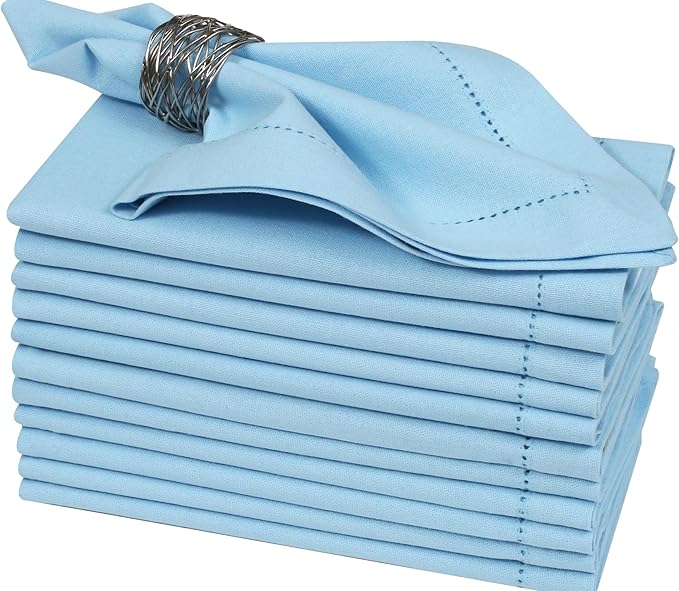 Bedding Craft Cloth Dinner Napkins Set of 12 – 18x18 Airy Blue Linen-Look Hemstitched – Soft Machine Washable Reusable Napkins for Weddings, Parties & Elegant Table Settings