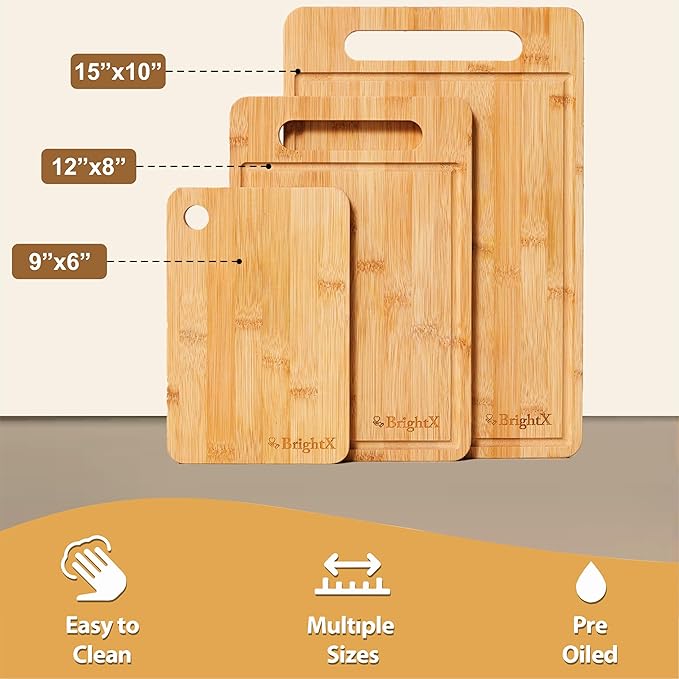 BRIGHTX Premium 3pc Bamboo Cutting Boards for Kitchen - Small, Medium & Large Wooden Cutting Boards for Kitchen | BPA-Free, Dishwasher Safe Cutting Board Set | Best Non-Toxic Wood Cutting Board Set