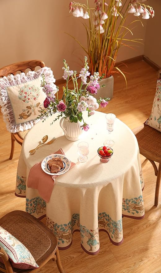 patdrea Designer Beige Tablecloth for Round Tables,Vintage Elegant French Linen with Trees and Kid Pattern Table Cloth,Farmhouse Table Cover Cloth Decor for Kitchen Dining Christmas,Diameter 55"