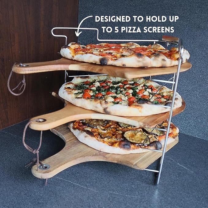 Folding Pizza Rack with Five 14 Inch Pizza Screens - Compact and Convenient Design for Easy Storage and Baking Multiple Pizzas