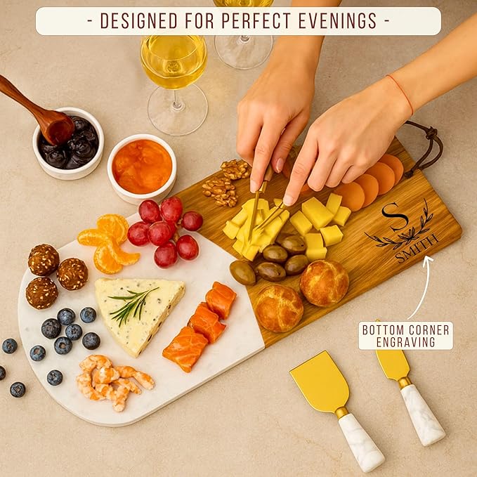 Personalized Charcuterie Board Gift Set – Acacia & Marble Cheese Board with Utensils, Custom Wedding & Housewarming Gifts for Couples, Christmas, Bridal Shower or Engagement Gift for Women & Men