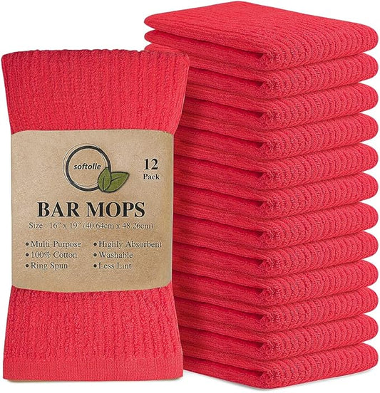 Softolle Bar Mop Towels, Pack of 12, 16x19 Inches, 100% Cotton, Crimson, Multi-Purpose for Home, Kitchen and Bar Cleaning