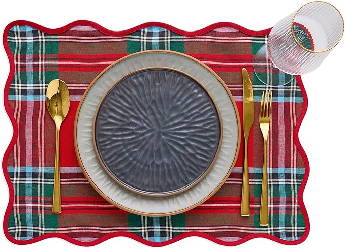 Solino Home Scallop Cloth Placemats Set of 4-100% Pure Linen Red Madras Holiday Plaid Placemats 14 x 19 Inch for Christmas - Giselle Scallop Edge, Handcrafted and Machine Washable