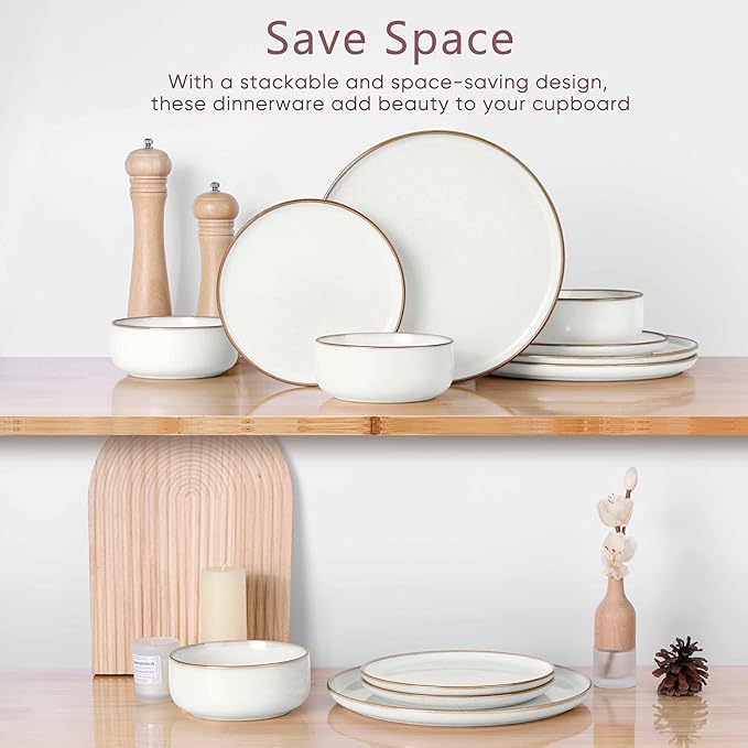 Herogo 24 Pieces Stoneware Dinnerware Dishes Set for 8, Kitchen Handmade Dining Plates and Bowls Sets, Double Reactive Glaze, Microwave & Dishwasher Safe, Scratch Resistant, Ivory White