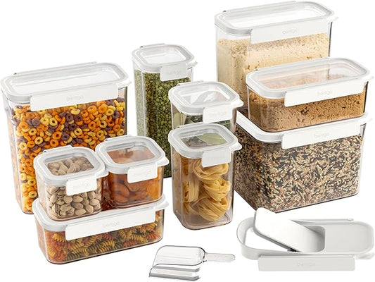 Bentgo Pantry - 22-Piece Airtight Food Storage Containers, Clear and Stackable Kitchen and Pantry Organization Set, Locking Lids for Freshness, Bonus Cereal Lid & Scoop, BPA-Free Plastic (Snow)
