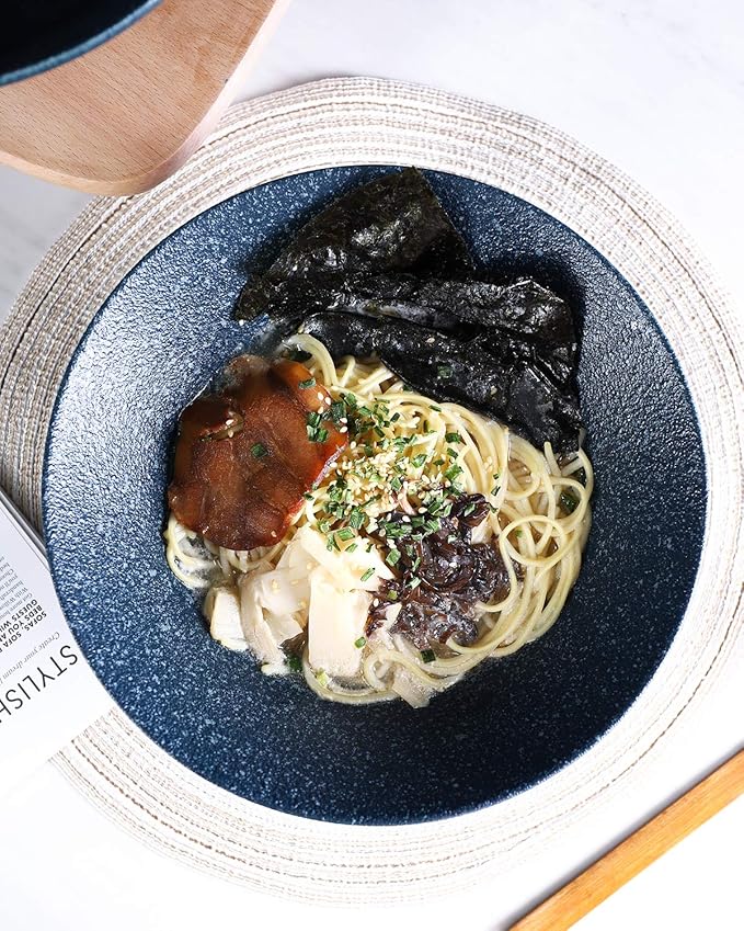 Kanwone Ceramic Japanese Ramen Bowl Set, Noodle Soup Bowls - 60 Ounce, with Matching Spoons and Chopsticks for Udon Soba Pho Asian Noodles, Set of 2, Navy