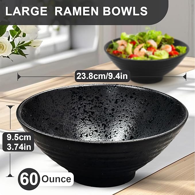 9.4Inch Ceramic Ramen Bowl Set of 2 (9 Piece) - Porcelain Japanese Salad Noodles Cereal Fruit Pasta Soup Large Bowls with Recipes Chopsticks Forks Spoons for Men Women Gift Microwave Dishwasher Safe