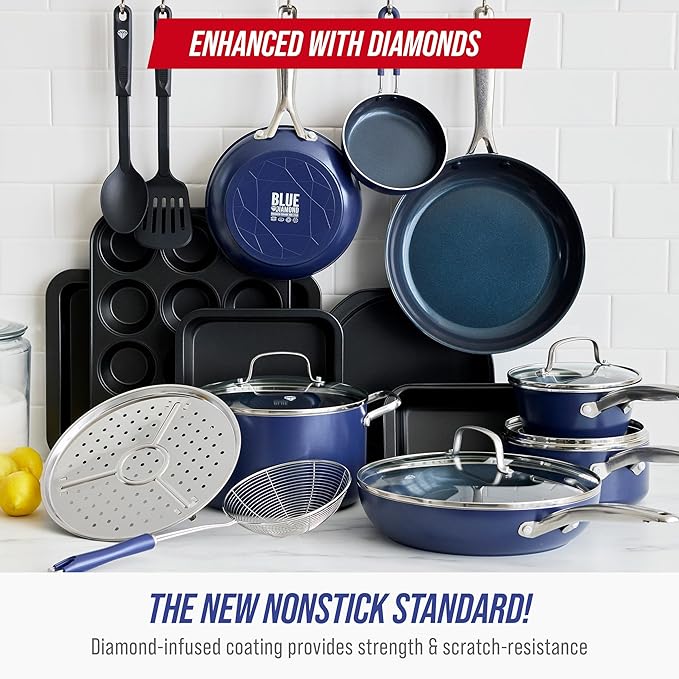 Blue Diamond 20 Piece Nonstick Cookware Set, Diamond Ceramic Pots & Pans, Dishwasher & Metal Utensil Safe, Non Toxic PFAS-Free, Kitchen Cooking Sauce & Saute Pans, Oven & Broiler to 600F, Blue