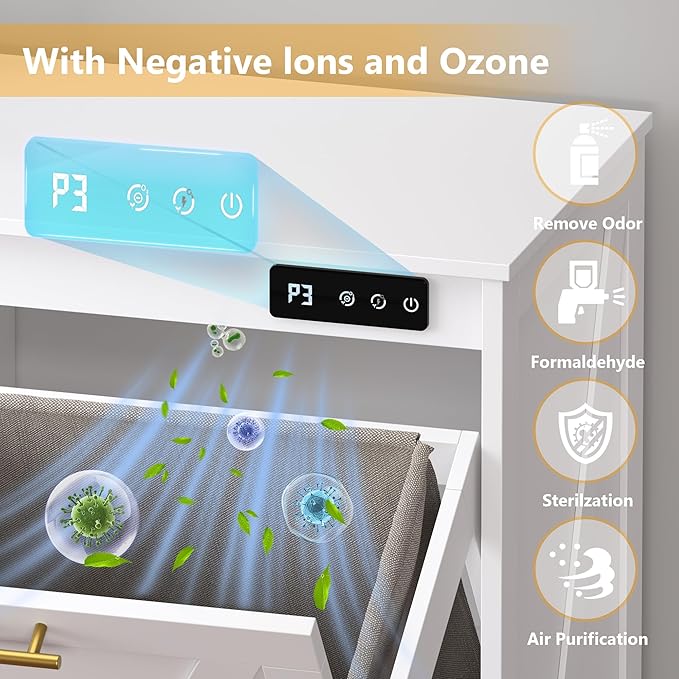 Tilt Out Trash Can Cabinet for 2 Bins, Hidden Recycle Garbage Bin Enclosure, Wooden Double Laundry Cabinet with Odor Control, Negative Ion & Ozone, for Kitchen, Bathroom, Laundry Room