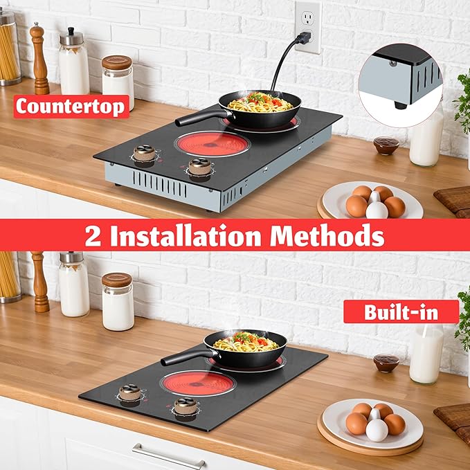 2 Burner Electric Cooktop, Built-in & Countertop Electric Stovetop 12 Inch, Ceramic Cook Top with Knob Control, 9 Power Levels Setting, Over-Temperature Protection, 110V - 120V Plug in
