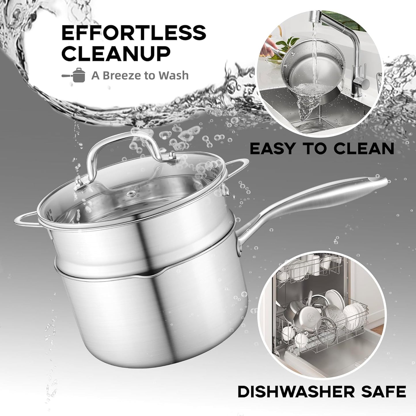 Leetaltree 3.5 Quart Stainless Steel Saucepan with Steamer Basket, Tri-ply Construction, Versatile Sauce Pan with Double-sized Drainage Lid - Perfect for Cooking Gravies, Pasta, Vegetable and More