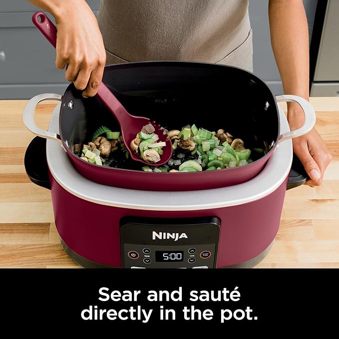 Ninja 10 in 1 PossibleCooker, 8.5 Qt, Electric Multi-Cooker, Slow Cooker, Dutch Oven, Steam Bake Roast Sear Sauté Bread Maker Warmer, Glass Lid, Integrated Spoon, Nonstick, Cherry (MC1000)