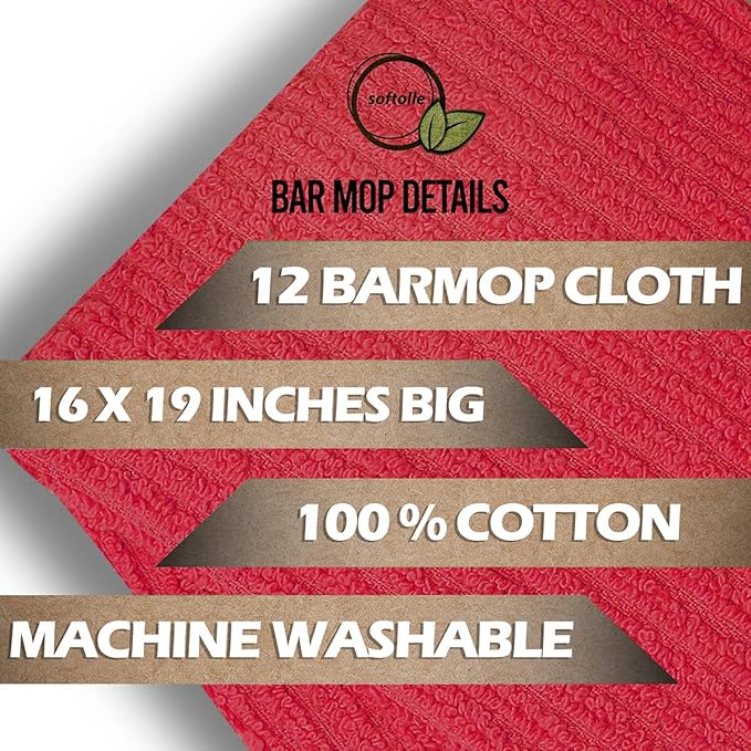 Softolle Bar Mop Towels, Pack of 12, 16x19 Inches, 100% Cotton, Crimson, Multi-Purpose for Home, Kitchen and Bar Cleaning