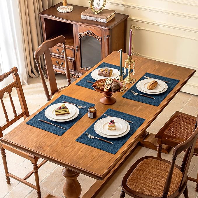 KXN Placemats Set of 4, Dual-Layer Thickened Faux Linen Table Mats, Heat Resistant & Wrinkle-Free, Machine Washable Cloth Place Mats for Kitchen Dining Indoor Outdoor (Navy Blue)