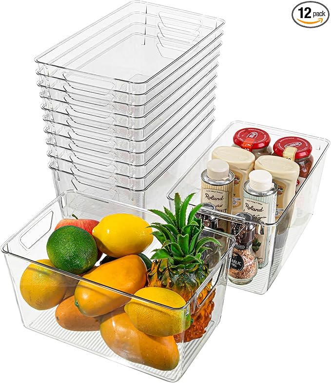 Attelite Clear Plastic Storage Bins,Large 12 Pack Pantry Organizer with Handle,BPA Free Plastic Storage Containers for Fridge,Closet,Bathroom,Under Sink and Kitchen Organization