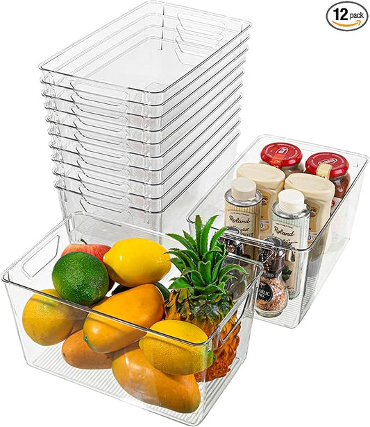 Attelite Clear Plastic Storage Bins,Large 12 Pack Pantry Organizer with Handle,BPA Free Plastic Storage Containers for Fridge,Closet,Bathroom,Under Sink and Kitchen Organization