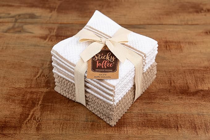 Sticky Toffee Cotton Dishcloths Set of 8 – 12x12 in Tan and White Tea Towels, Reusable and Absorbent Dish Cloths for Cleaning or Drying, Oeko-Tex Cotton