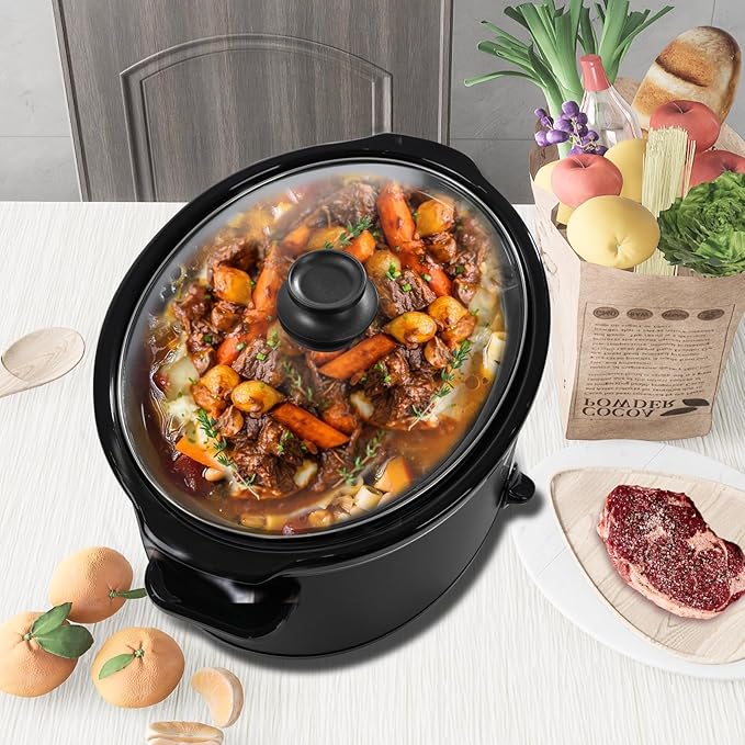 HOMECOOKIN 6 Quart Slow Cooker Oval Manual Pot Food Warmer with 3 Cooking Settings, Black Stainless Steel