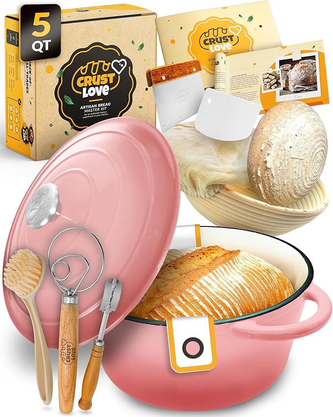 Dutch Oven for Bread Baking - incl. Sourdough Bread-Baking Supplies like Banneton Bread-Proofing Basket - 5QT Enameled Cast Iron Bread-Oven with Lid, Baking Pan, Scoring Tool Lame