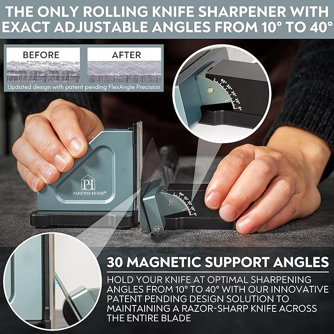 ORIGINAL ADJUSTABLE ROLLING KNIFE SHARPENER KIT: Adjustable Height, 30 Angle Options, 5 Removeable Whetstone Plates, Leather Strop with Travel Case - Kitchen Knife Sharpener