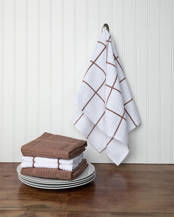 Sticky Toffee Cotton Kitchen Towels Set of 4, Brown and White, 28 x 16 in, Absorbent Reusable Hand and Dish Towels, Tea Towels, Oeko-Tex Cotton
