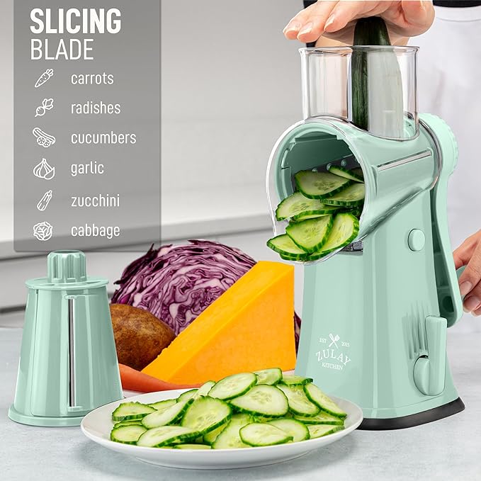 Zulay Kitchen Rotary Cheese Grater 5 Blade Cheese Shredder - Manual Hand Crank Cheese Grater With Reinforced Suction & 5 Interchangeable Drums - Easy to Use, Vegetable Chopper Round Mandoline Slicer