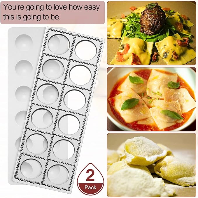 Gerrii 2 Sets Ravioli Mold Extra Large Ravioli Maker Press 12 Holes 1.5 Inch Round Russian Dumplings Making Kit Square Double Dumplings Cutter Pastry Wheel Cutter Pasta Tools for Kitchen