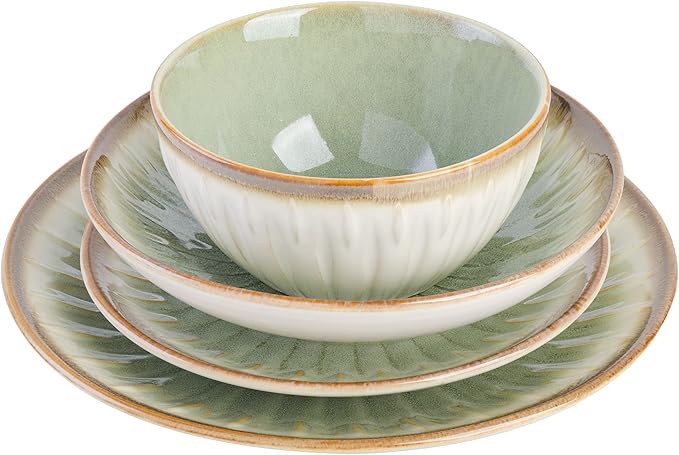 Gibson Elite Mayfair Bay Embossed Double Bowl Dinnerware Set, Service for 4 (16pcs), Green