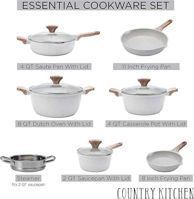 Country Kitchen Non-Stick Cast Aluminum Cookware Set - Durable Kitchen Cookware for Everyday Cooking, Cream, 11 Pc.