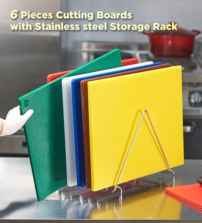 CURTA 6-Piece NSF 20" x 14" x 1/2" Multi-Colored Flexible Cutting Board Kit with Stainless steel Storage Rack, Color Coded Plastic Chopping Board with Anti Slip Surface Dishwasher Safe