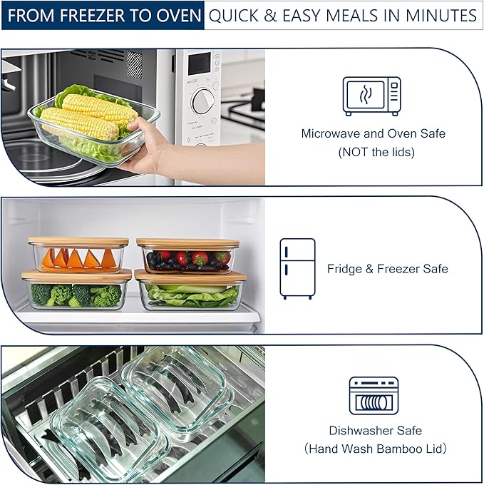 DE Plastic-Free Glass Storage Containers (3-Pack, 51oz) with Bamboo Lids – Eco-Friendly, Airtight, Reusable – Oven, Microwave & Dishwasher Safe – BPA-Free & Sustainable.