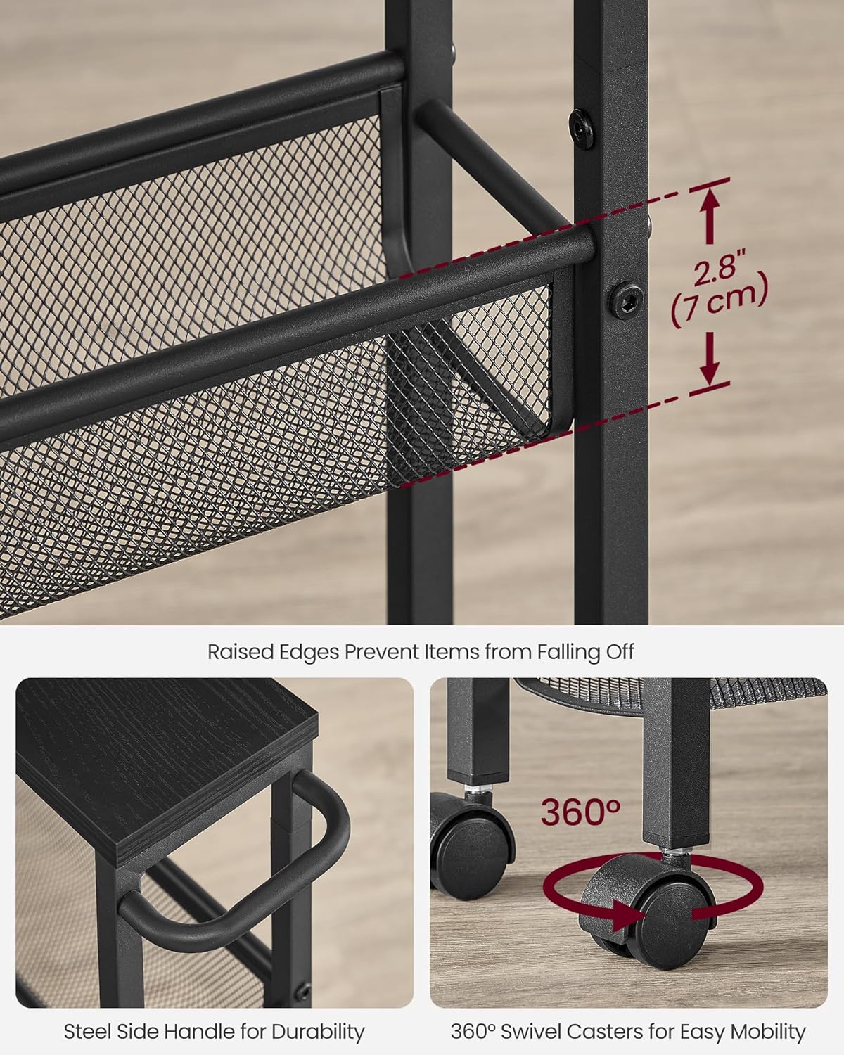 VASAGLE Slim Rolling Cart, 4-Tier Storage Cart, Narrow Cart with Handle, 5.1 Inches Deep, Metal Frame, for Kitchen, Dining Room, Living Room, Home Office, Ebony Black and Classic Black ULRC032B04
