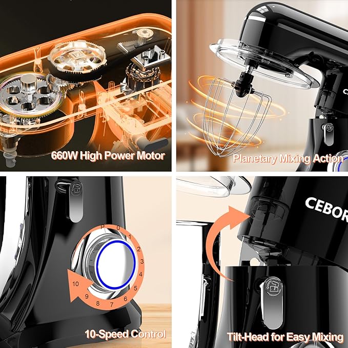 3-IN-1 Electric Stand Mixer, 6.5QT Bowl 660W 10-Speed Kitchen Mixer, Household Food Mixers include Dough Hook, Beater and Whisk, Bread Cake Mixer for Baking and Most Home Cooks, Black