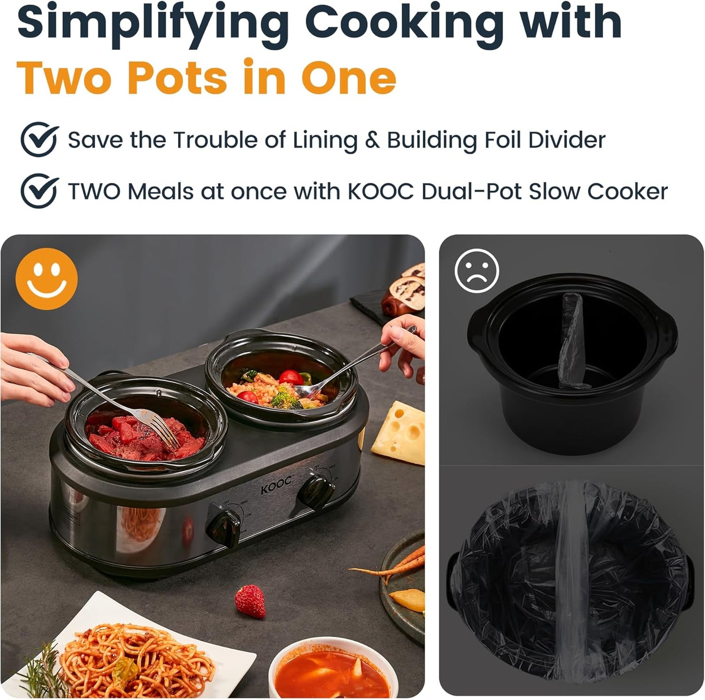 KOOC Double Small Slow Cooker, Buffet Server and Warmer, 2 Mini Pots with 3 Individual Adjustable Temp, Dual Ceramic Pots, Free Liners for Easy Clean-up, Stainless Steel, Total 2.5 Quart, Grey, Round