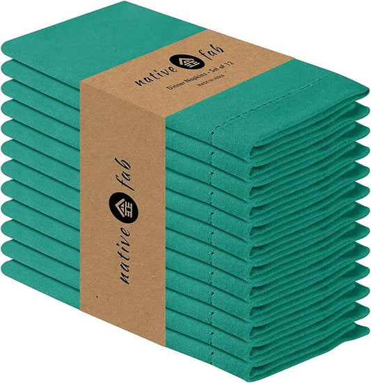 Native Fab Cloth Napkins Set of 12, 100% Cotton, Hemstitched Mitered Edges, Washable Fabric Napkins, 18x18 inch, Soft, Breathable, Reusable Linen Napkins for Events, Party, Luncheon - Royal Green