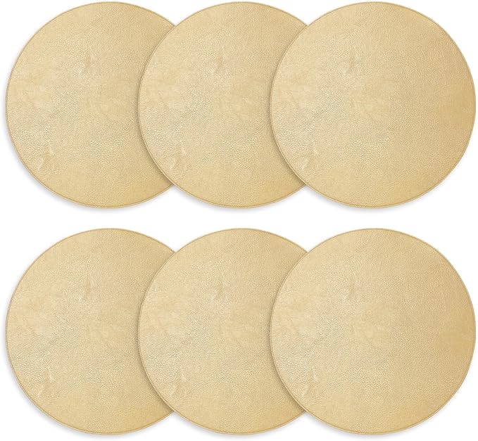 Placemats Set of 6 – Round 15” Faux Leather Table Mats for Dining, Heat Resistant & Non-Slip Washable Table Decor, Indoor, Outdoor, Dining Table Set for 6, Modern Kitchen & Holiday Use, Gold