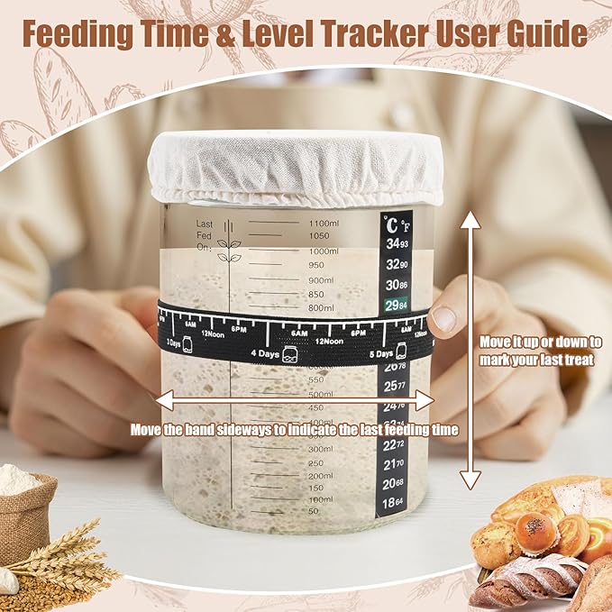 Sourdough Starter Kit, Sourdough Bread Baking Supplies with with 40oz Jar, 10" & 11" Cotton Banneton Proofing Baskets Set - Artisan Bread Tools, Silicone Sling for Homemade Sourdough Baking
