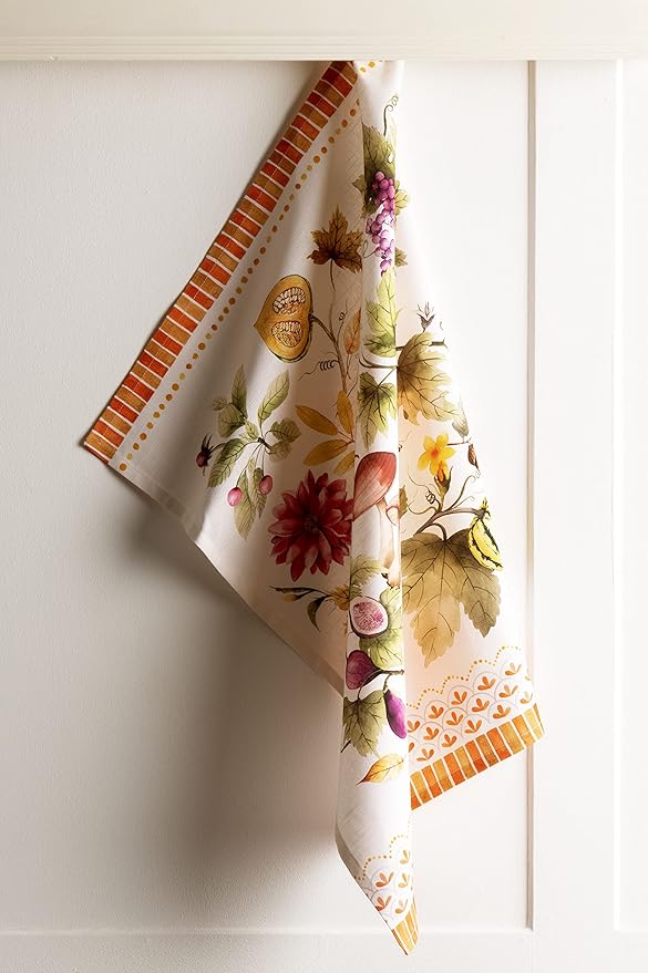 Maison d' Hermine Kitchen Towels Set of 3 100% Cotton 20" x 27.5" Reusable Cloth Tea Dish Towels Absorbent with Hanging Loop for Thanksgiving Christmas Decorations (Pumpkin Garden - Cloudy Cream)