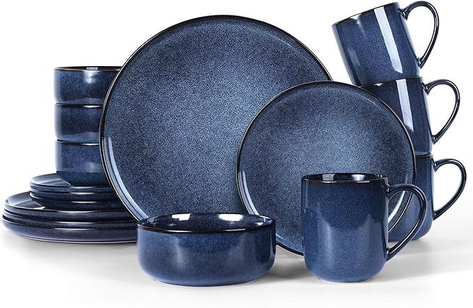 LIANYU 16 Piece Dinnerware Sets with Mugs, Stoneware Plates and Bowls Sets for 4, Dinner Dishware Dishes for Kitchen Dining, Microwave & Dishwasher Safe, Sapphire Blue