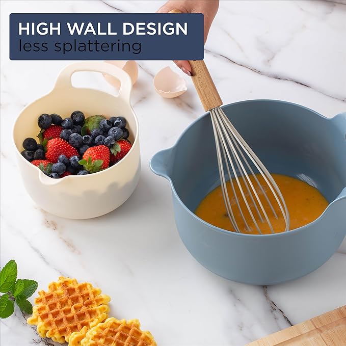 COOK WITH COLOR Nesting Plastic Mixing Bowl Set with Pour Spouts and Handles, Blue, 6 Piece Non-Slip