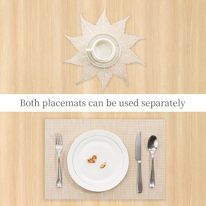 BACKTOEDEN Placemats Set of 6 Heat Resistant Washable Wipeable Placemat Woven Non-Slip Foldable Vinyl/Plastic Place Mats Indoor/Outdoor Mat Kitchen Dining Table Pad, Gold Maple Leaf & Beige