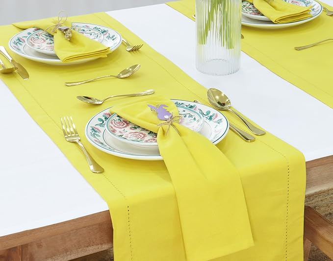 PurpleEssences Set of 12 Cloth Dinner Napkins 100% Cotton 18x18 Inch - Soft Durable Washable - Ideal for Farmhouse Party Christmas Holiday Winter - Perfect Everyday Use Table Linen - Yellow