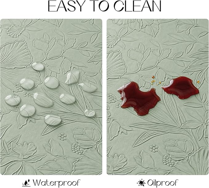 Romanstile Vinyl Placemats Set of 8-12 X 18 Inch - Heat Resistant Non-Slip Embossed Floral Place Mats 100% Waterproof Oilproof Wipeable Faux Leather Table Mats for Kitchen/Dining/Party, GrassGreen